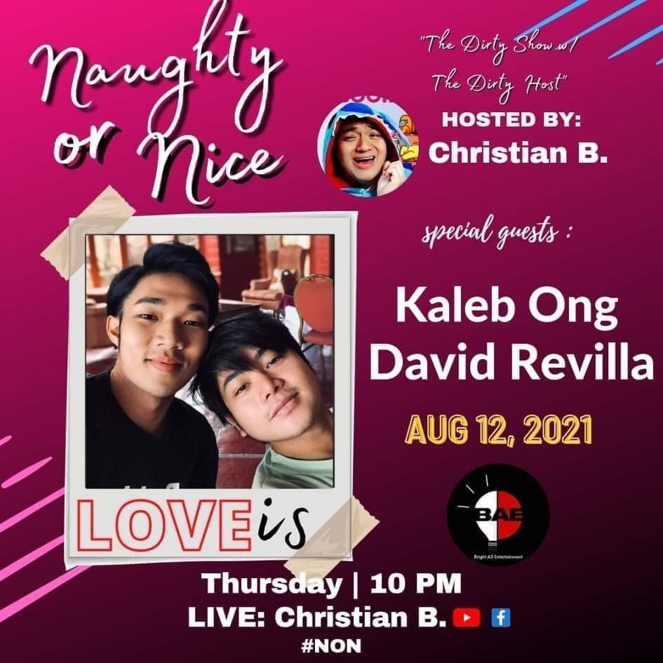 CatherineCoz19's tweet photo. Another Naughty-kulitan at Nice-kwentuhan na naman ang ating masasaksihan kasama ang #KalVid @Kaleb_Ong & @_davidrevilla tonight 10pm sa YT channel ng nagiisang Dirty Host @siechan21.
@BrightA3_ph
#NON
#LoveIsTheSeries
#BAE
https://t.co/SbMFx56OEL https://t.co/gcHzvSX6Ze