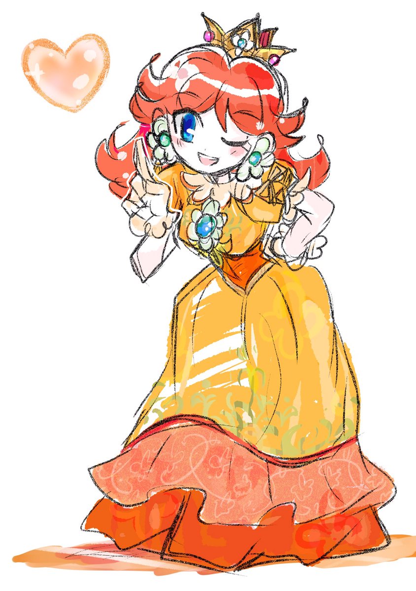princess daisy 1girl solo dress crown heart one eye closed blue eyes  illustration images