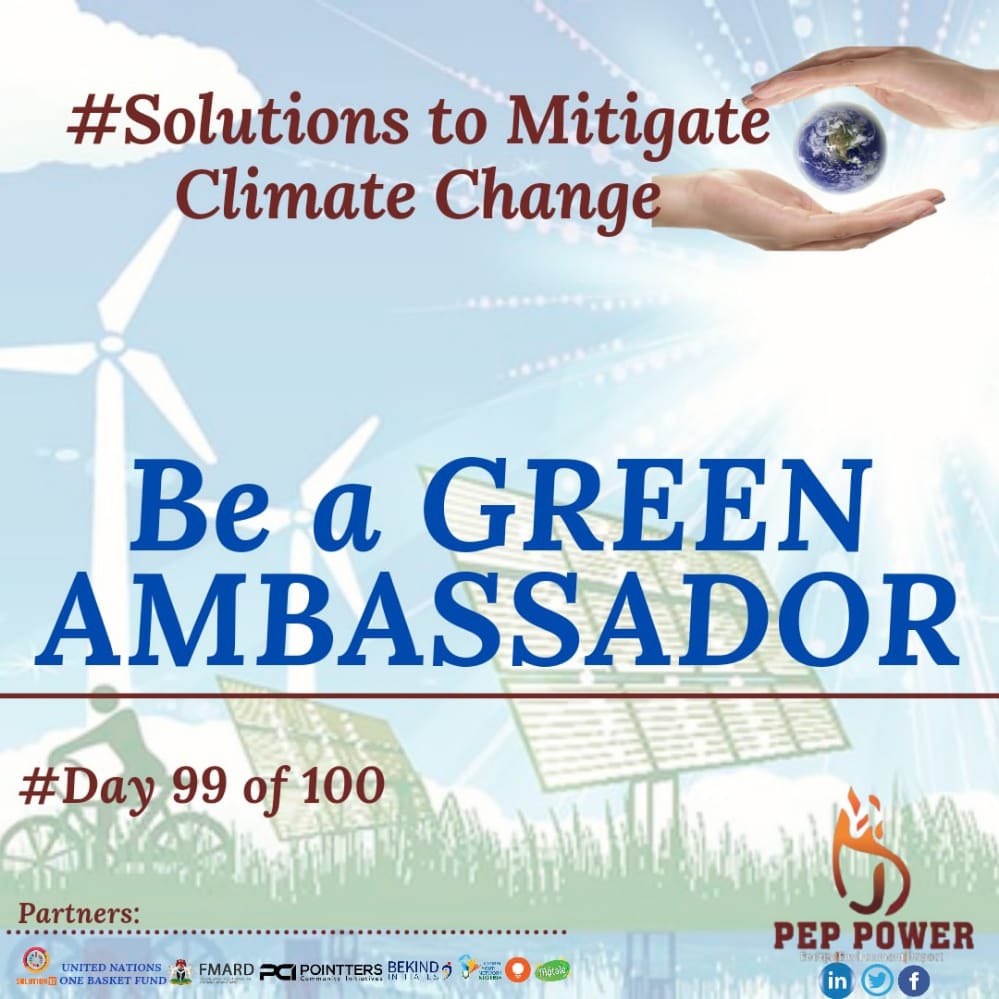 ♻️ Solutions to mitigate climate change ♻️

🌴Day 99/100🌳

'Be a GREEN AMBASSADOR'

#Fact #Environment #PepWorkshop #Impact #ClimateChange #Solutions #PowerTraining @olamidurodola @FmardNg