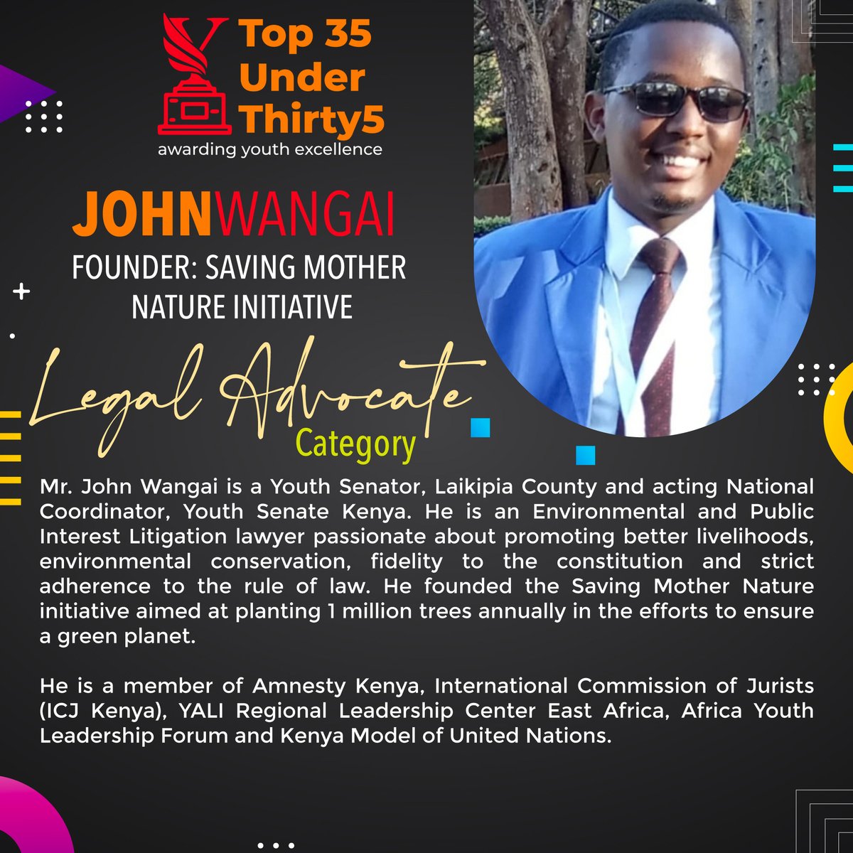 #AwardingYouthExcellence

Join us on the Youth Agenda TV - bit.ly/YouthAgendaTV at 10:00 am as we unveil the @Top35Under35 2021 Awardees under the #LegalAdvocate Category.

The #Nominees were @wanjiku_kaniaru, @Kevin_Mwangi_ & @johnwangai7.

#MakingtheYouthFactorCount
@SDY_Ke