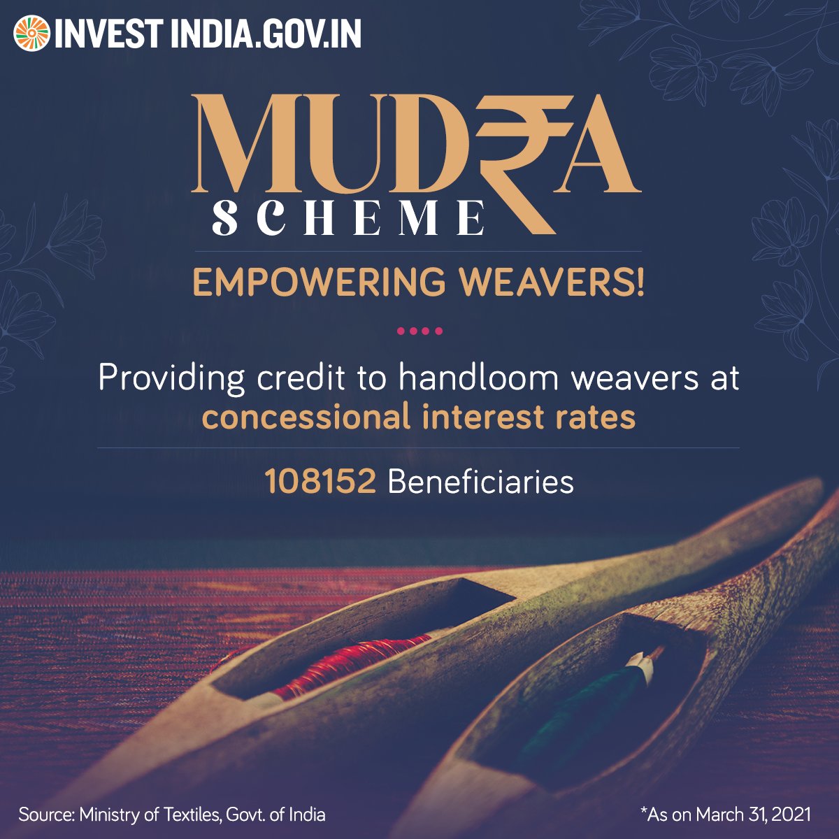 investindia's tweet photo. #LoreOfTheLooms
Weavers MUDRA Scheme – providing financial assistance to handloom weavers & entrepreneurs across #NewIndia!
Know more: https://t.co/Y1zR022CPV
#HandloomsofIncredibleIndia #WeavesOfIndia #MyHandloomMyPride @PiyushGoyalOffc @TexMinIndia https://t.co/Ucq3hPBoTF