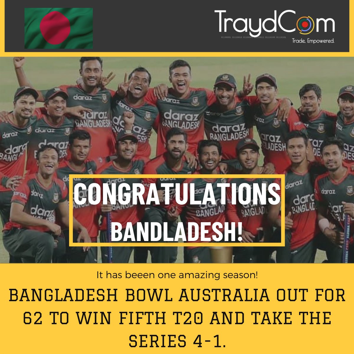 ZiaArastu's tweet photo. What a fantastic 4-1 #t20 series win by #Bangladesh against #Australia. https://t.co/nIOeL9nHT1