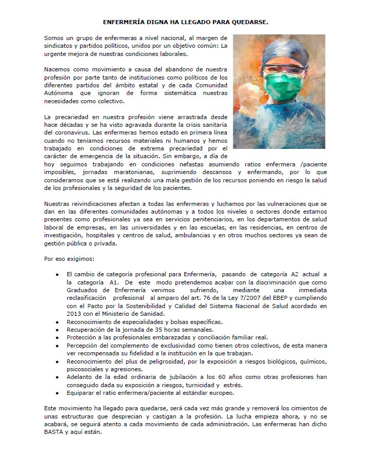 DignaEnfermeria's tweet photo. Las enfermeras nos hemos unido. Hemos llegado para quedarnos, para luchar por todo aquello que nos pertenece. Nuestra vocación debe ser respetada. Cuidamos, pero también necesitamos que nos cuiden. @CarolinaDarias @sanchezcastejon @salutcat 
#EnfermeríaDigna
#EnfermeríaUnida https://t.co/TF56pUmAdg