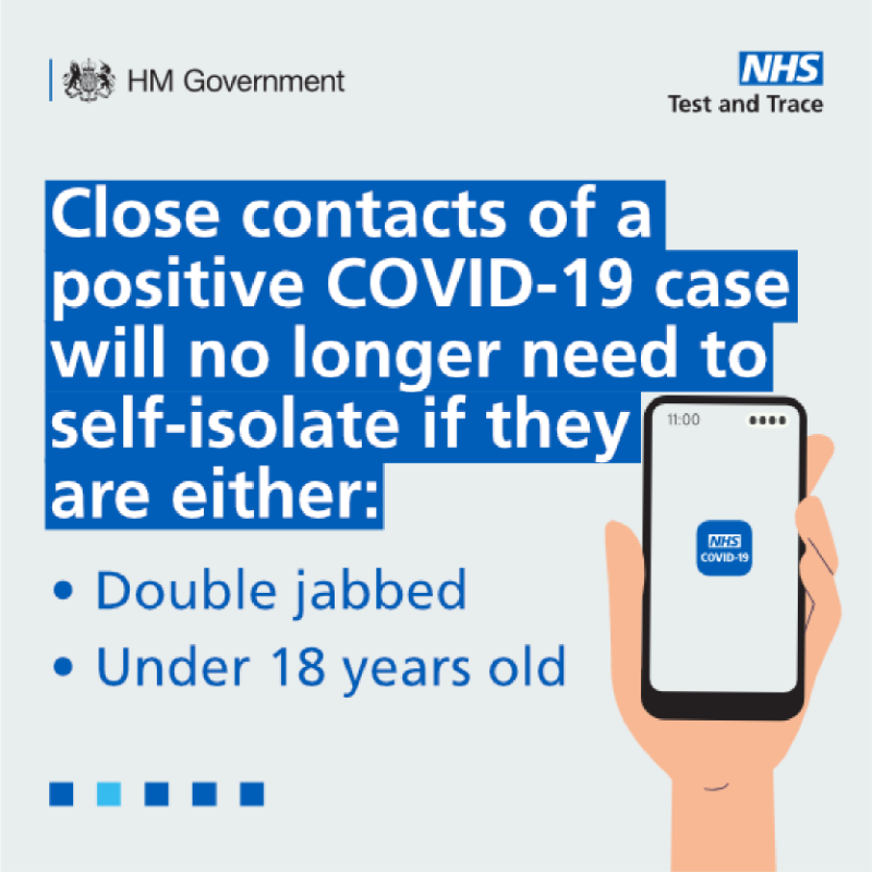 DHSCgovuk's tweet photo. The law on self-isolation is changing on 16 August. 

Close contacts of positive #COVID19 cases will no longer need to self- isolate if they are either: 
✅ double jabbed 
✅ under 18 

Instead you should take a free PCR test. 

See more ⬇️