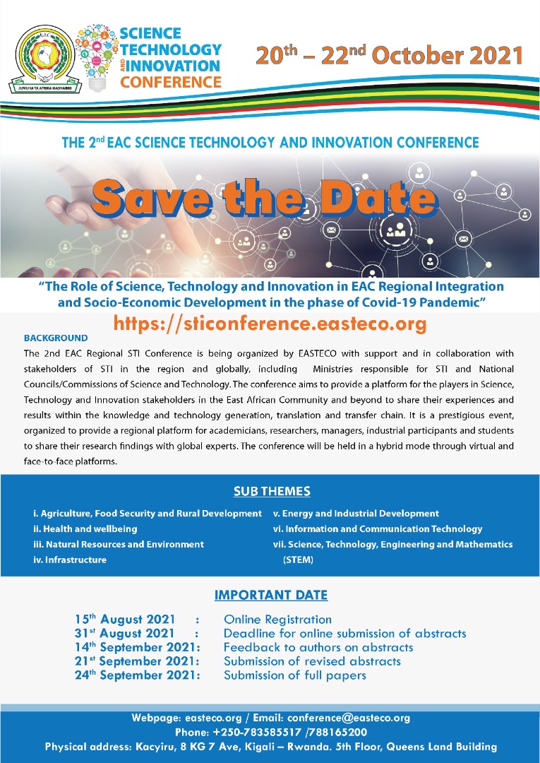 jumuiya's tweet photo. Call for Abstracts - EAC Science, Technology and Innovation Conference set for  20 - 22 Oct, 2021 under the Theme: The Role of Science, Technology &amp; Innovation in EAC Regional integration and social-economic development in the phase of #COVID19 Pandemic https://t.co/P847nTey2n https://t.co/WJ4yhknh4i