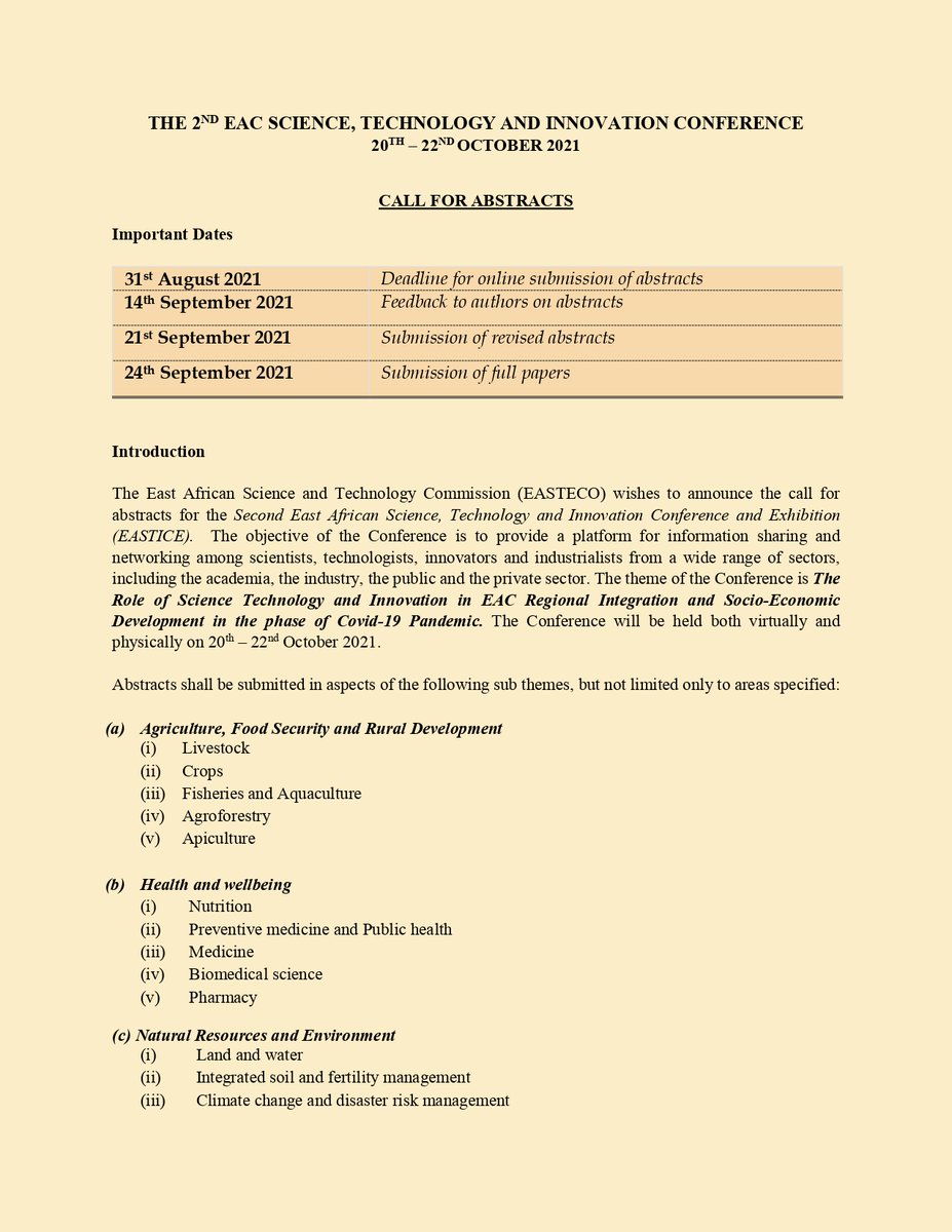 jumuiya's tweet photo. Call for Abstracts - EAC Science, Technology and Innovation Conference set for  20 - 22 Oct, 2021 under the Theme: The Role of Science, Technology &amp; Innovation in EAC Regional integration and social-economic development in the phase of #COVID19 Pandemic https://t.co/P847nTey2n https://t.co/WJ4yhknh4i
