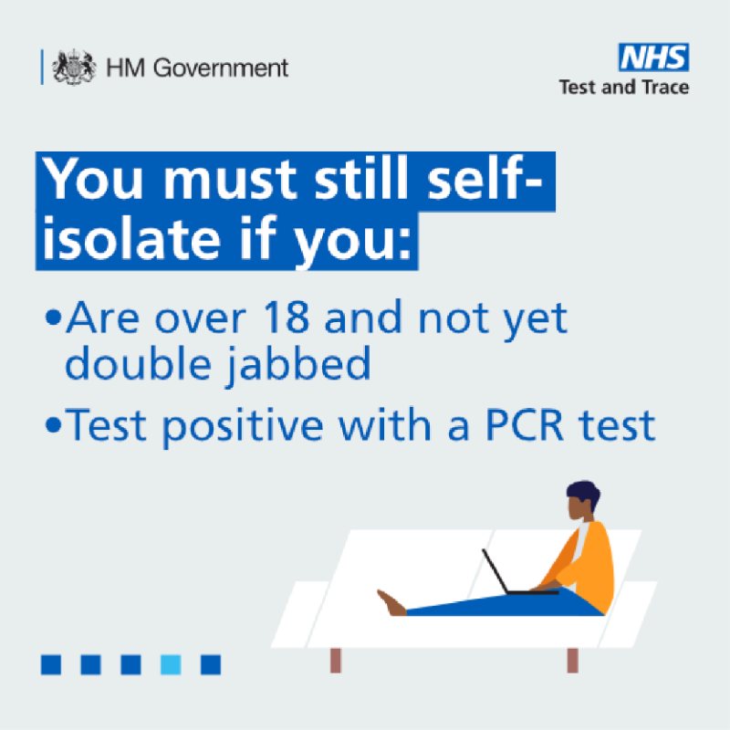 DHSCgovuk's tweet photo. The law on self-isolation is changing on 16 August. 

Close contacts of positive #COVID19 cases will no longer need to self- isolate if they are either: 
✅ double jabbed 
✅ under 18 

Instead you should take a free PCR test. 

See more ⬇️