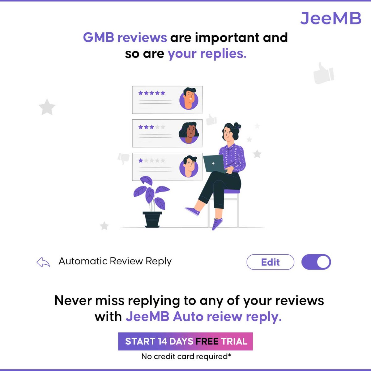 UseJeeMB's tweet photo. Set it forget it. JeeMB auto review reply feature replies to your GMB reviews automatically for you, so you can spend more time on growing your business. Join https://t.co/PPRjIjM5i8 today. https://t.co/aBkeWUyMYh