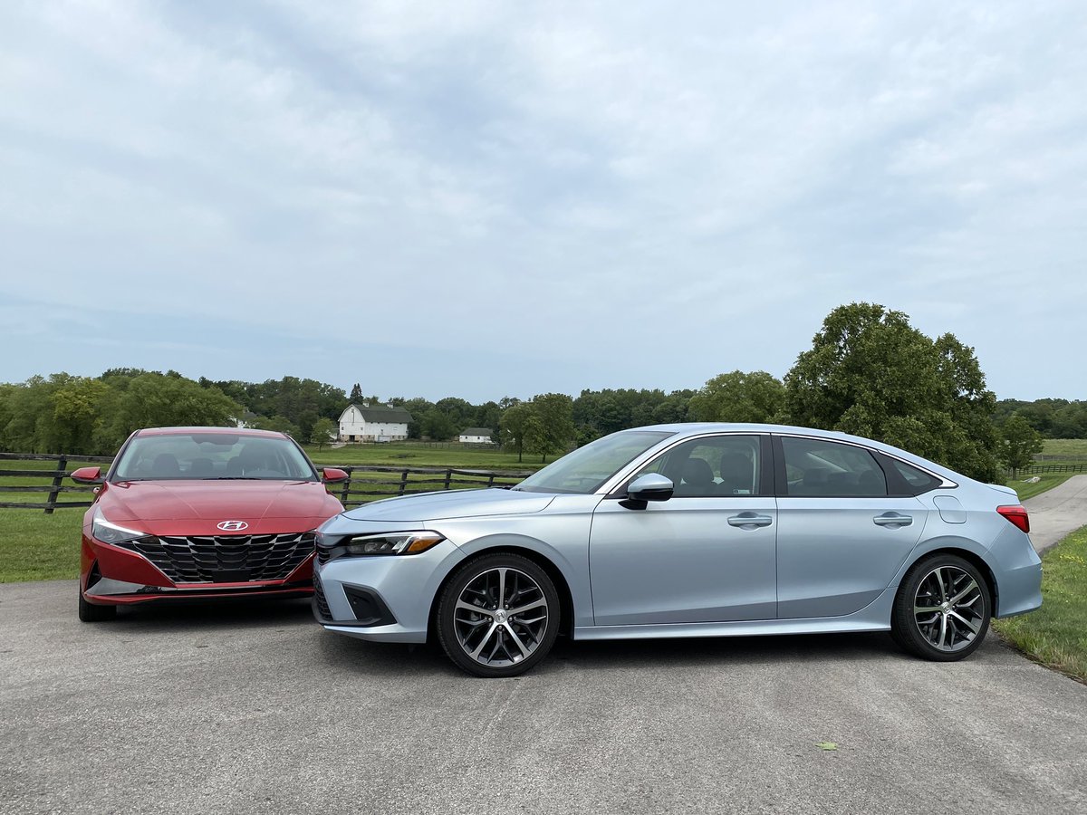 DufferRobert's tweet photo. On looks alone, which one do you prefer? The red 2021 Hyundai Elantra or blue 2022 Honda Civic?
#MAMASummerDrive https://t.co/niknF2QRG0