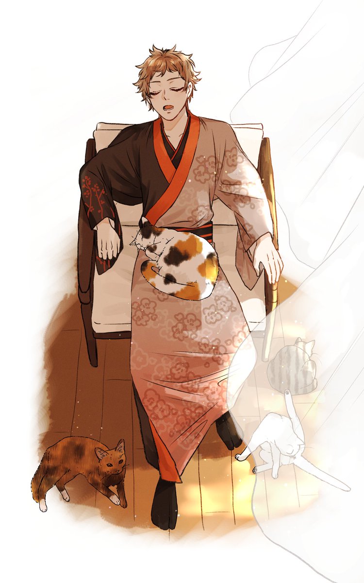 1boy cat male focus closed eyes sleeping sitting japanese clothes  illustration images