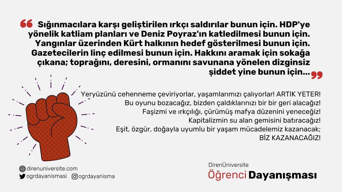Öğrenci Dayanışması:

"Faşizmi ve ırkçılığı, çürümüş mafya düzenini yeneceğiz!

Eşit, özgür, doğayla uyumlu bir yaşam mücadelemiz kazanacak; BİZ KAZANACAĞIZ!"

#KardesimeDokunma
#Altındağ