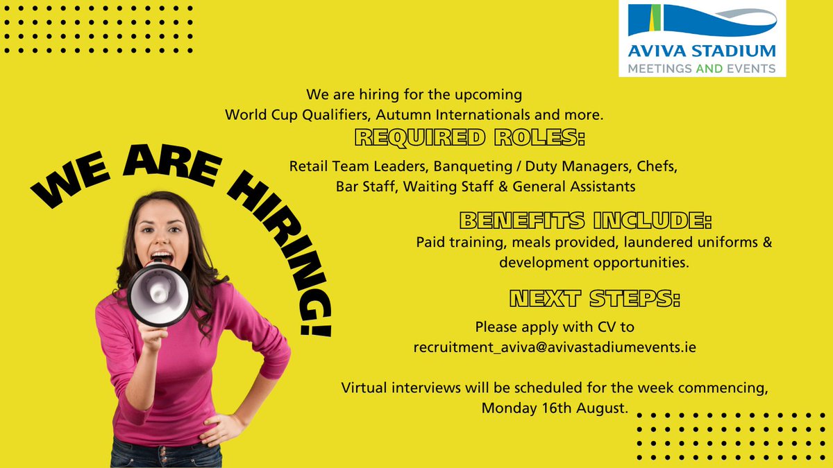 #JobVacancy: Have you heard the news, we are hiring for the upcoming matches at <a href="/AVIVAStadium/">AVIVA Stadium</a> #jobfairy #dublinjobs #irishjobs #avivastadium