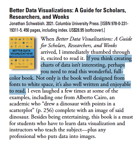 jschwabish's tweet photo. Lovely ⭐️⭐️⭐️⭐️⭐️ review of #BetterDataVisualizations from Kelly Harrison in the current issue of Technical Communication. I especially love the beginning of the review. Full review (behind paywall) here: https://t.co/plymmPMQKN https://t.co/iCbkYoX4qa