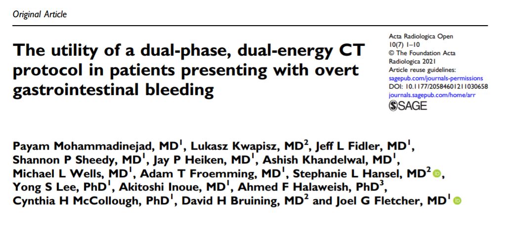 SAR_GIBleedDFP's tweet image. Two-phase DECT GI bleed protocol has high specificity and negative predictive value in clinical practice and dual-energy improves radiologist confidence in absence of bleeding @JeffFidlerMD @drashishcool @DavidBruiningMD @MayoRadiology