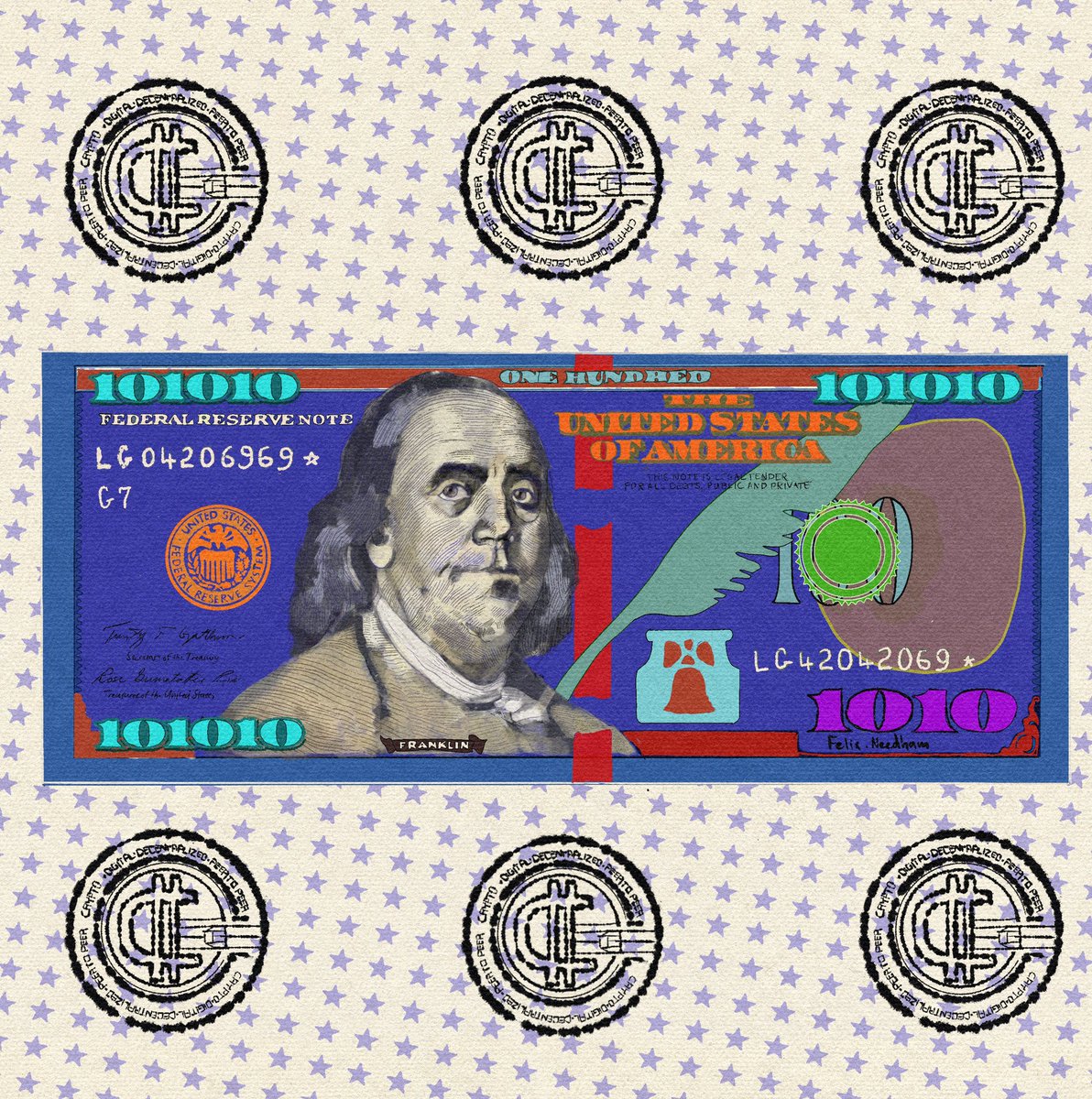 Nf3_collective's tweet photo. Blue binary Bill with Crypto Stamps by Felix Needham. @clesmic @felixneedhamart . This nft will be available in our auction house #nftcollector #nft #nftart #nftartist #nftcommunity https://t.co/G1OBAWXOuS