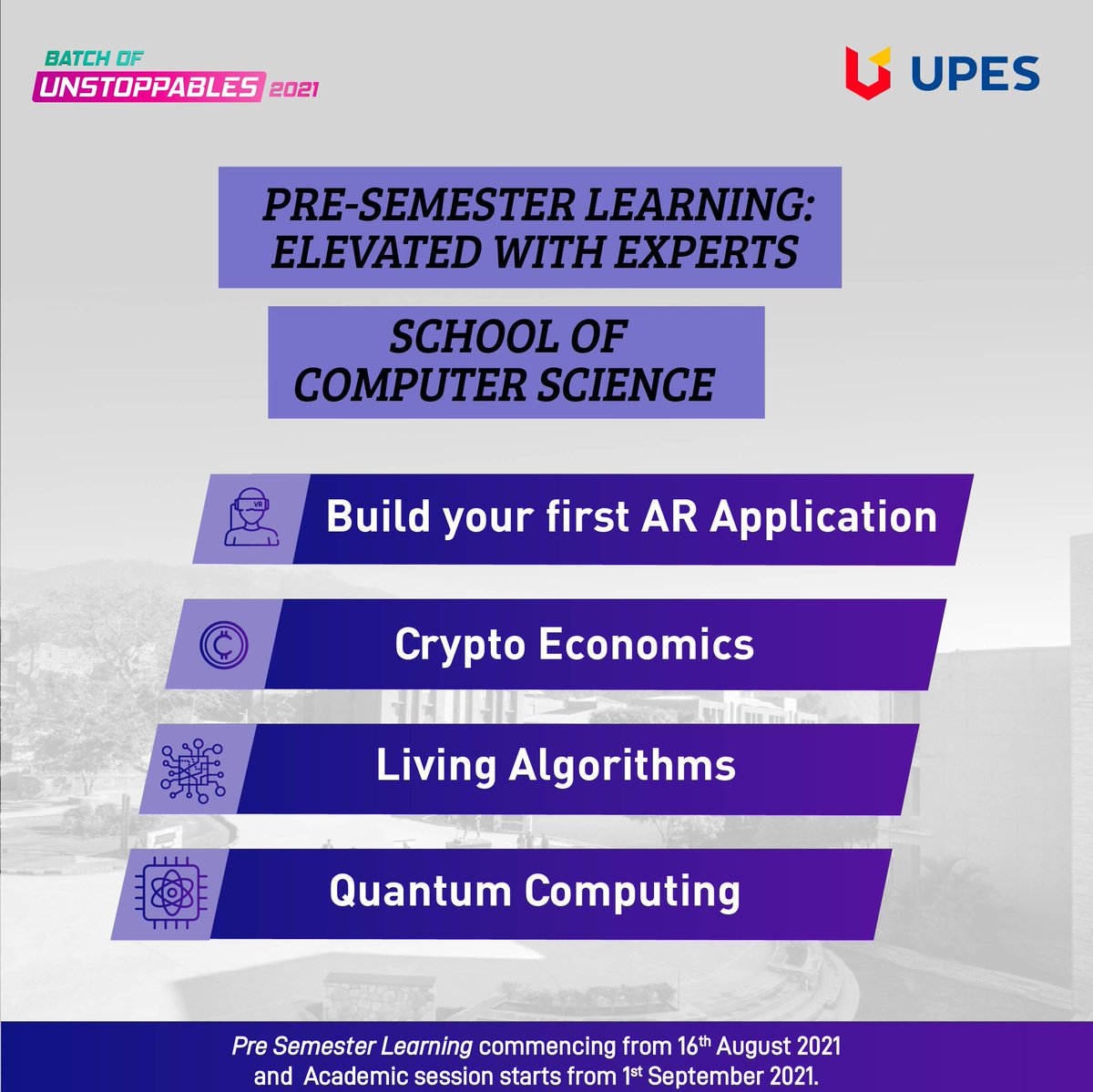 UPESDehradun's tweet photo. A world of wonders awaits you during your #PreSemesterLearningatUPES. Across schools, we are gearing up for specialised immersive and interactive sessions, events, get-togethers, and a lot more, with faculty, mentors, and changemakers. https://t.co/AYsh8wAg82