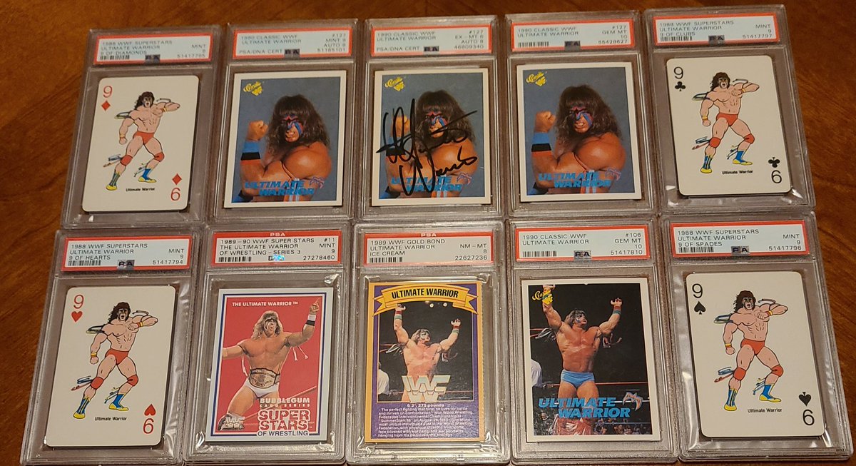 Wrestlingcardk1's tweet image. Early Ultimate Warrior cards from 1988 to 1990.  Two of the Classics are autographed.  #wrestlingcards #thehobby #theking