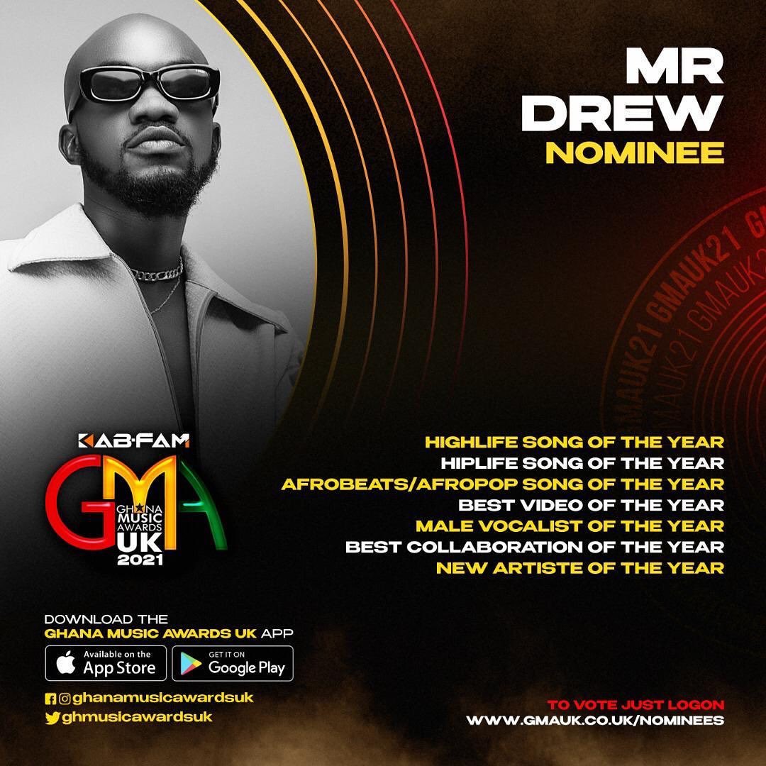 We bagged 7 nominations 🎊👌🏽 at this year’s Kab-Fam Ghana Music Awards UK———————————— 
Vote for Mr Drew to win big by visiting  gmauk.co.uk/nominees. Or  Download the Ghana Music Awards UK app from the Apple Store or Google Play Store. #kgmauk21