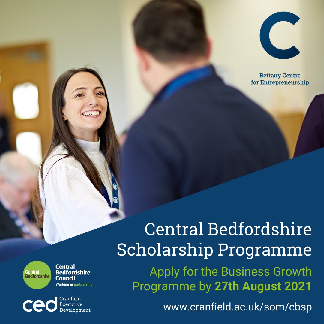 We are thrilled to announce the launch of an innovative scholarship programme with <a href="/BeCentralBeds/">Be Central Beds</a> to support the growth of local SMEs #BeCentralBeds

Up to 90 businesses can apply for the Central Bedfordshire Scholarship Programme 

Secure your place: cranfield.ac.uk/som/cbsp