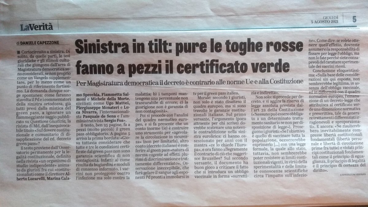 Alfiere Italiano (@alfiereitaliano) on Twitter photo <a href="/fattoquotidiano/">Il Fatto Quotidiano</a> <a href="/a_padellaro/">Antonio Padellaro</a> Dopo questo strappo nessun governo italiano potrà invocare la normativa europea per imporre politiche economiche o politiche sociali di austerità perché "Ce lo chiede l'Europa".
I magistrati di sinistra hanno fiutato la trappola che conduce inevitabilmente a #Italexit. <a href="/fattoquotidiano/">Il Fatto Quotidiano</a> <a href="/a_padellaro/">Antonio Padellaro</a> Dopo questo strappo nessun governo italiano potrà invocare la normativa europea per imporre politiche economiche o politiche sociali di austerità perché "Ce lo chiede l'Europa".
I magistrati di sinistra hanno fiutato la trappola che conduce inevitabilmente a #Italexit.