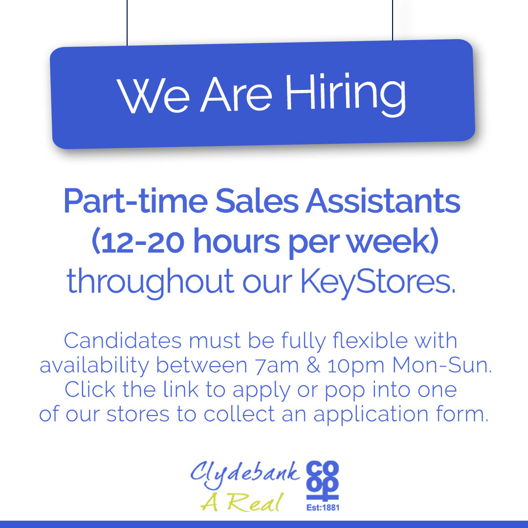 Part-Time Sales Assistants (12-20 hours per week) throughout our KeyStores.

Click uk.indeed.com/job/sales-assi… to apply or pop into one of our stores to collect an application form.