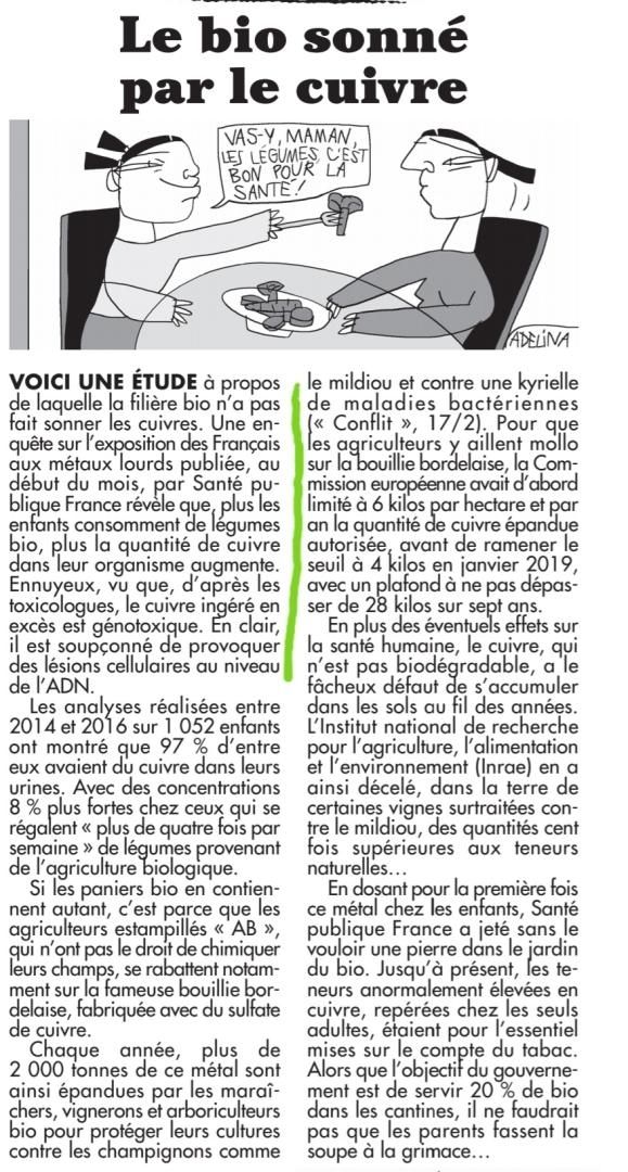 Le mildiou est un parasite destructeur, il faut combiner toutes les armes pour le contrôler : le Cuivre en est une, mais ce n'est pas la seule... Pas de dogmatisme, ayons le courage de la nuance ! (Canard Enchainé, 11 aout 2021; Santé Publique France bit.ly/3xDVSJR)