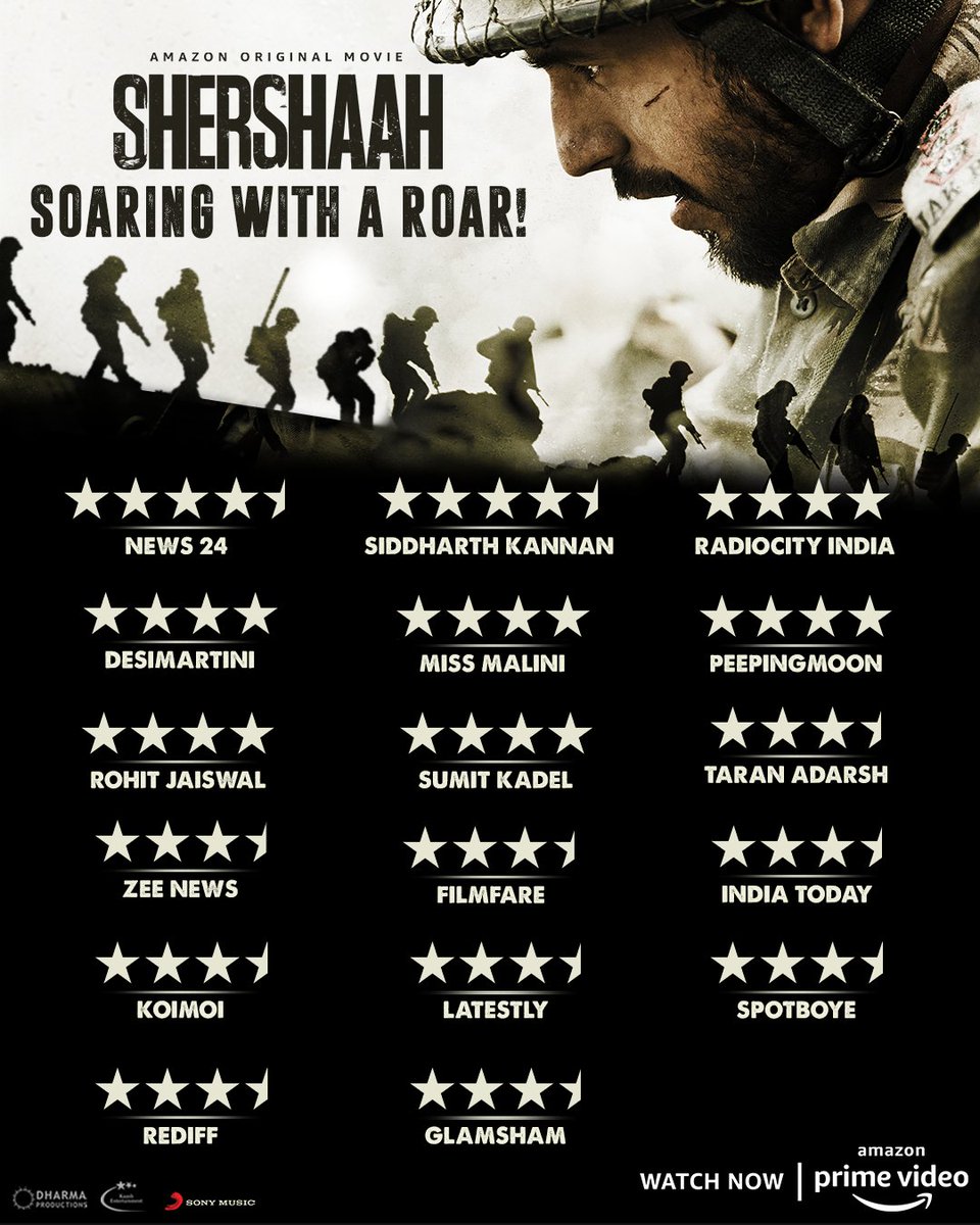 DharmaMovies's tweet photo. The roars of #Shershaah are loud and clear. Thank you for the enthralling response!✨

Watch the true story of Capt. Vikram Batra (PVC) come alive with #ShershaahOnPrime, only on @PrimeVideoIN. https://t.co/kYC4X76D5I