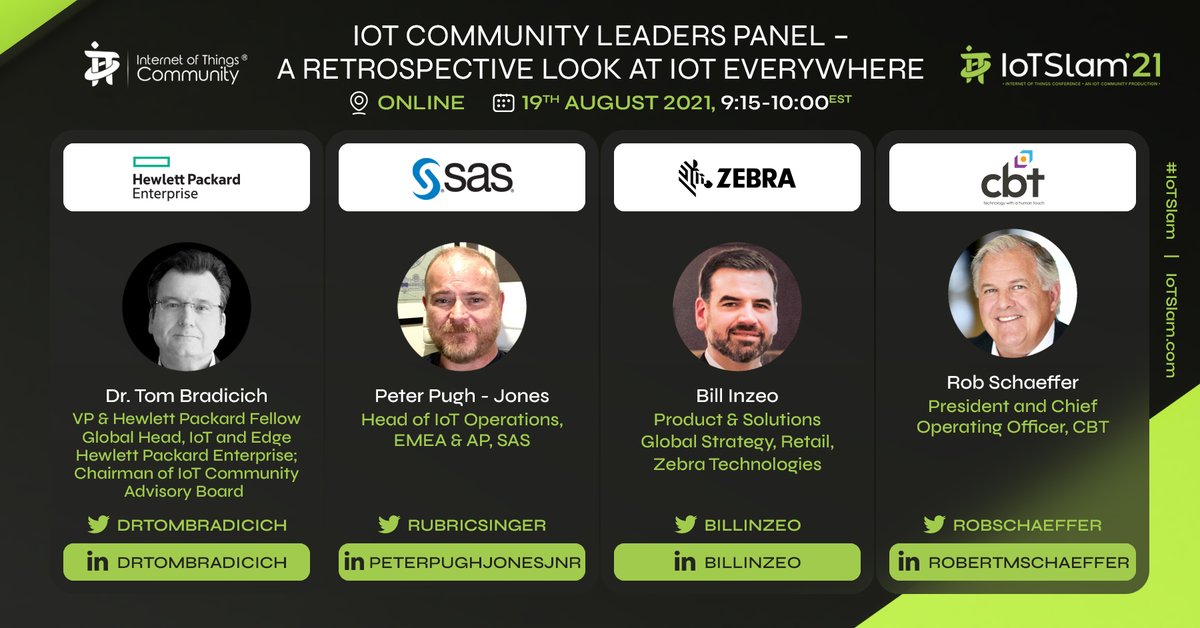 The plurality and diversity of IoT solutions and deployments are growing rapidly. Connected “Things” per the IoT appear in virtually every consumer, commercial, and societal endeavour. The vast ecosystem of the IoT Community includes experts in many domains of the IoT, who have experience in practical end-user deployments. IoT Community member panelists will share a variety of extant IoT solutions, ranging from the connected worker, to smart retail, to utilities. In addition, listeners will hear real world analytical discussions on ROI, inhibitors to deployment, and lessons learned.