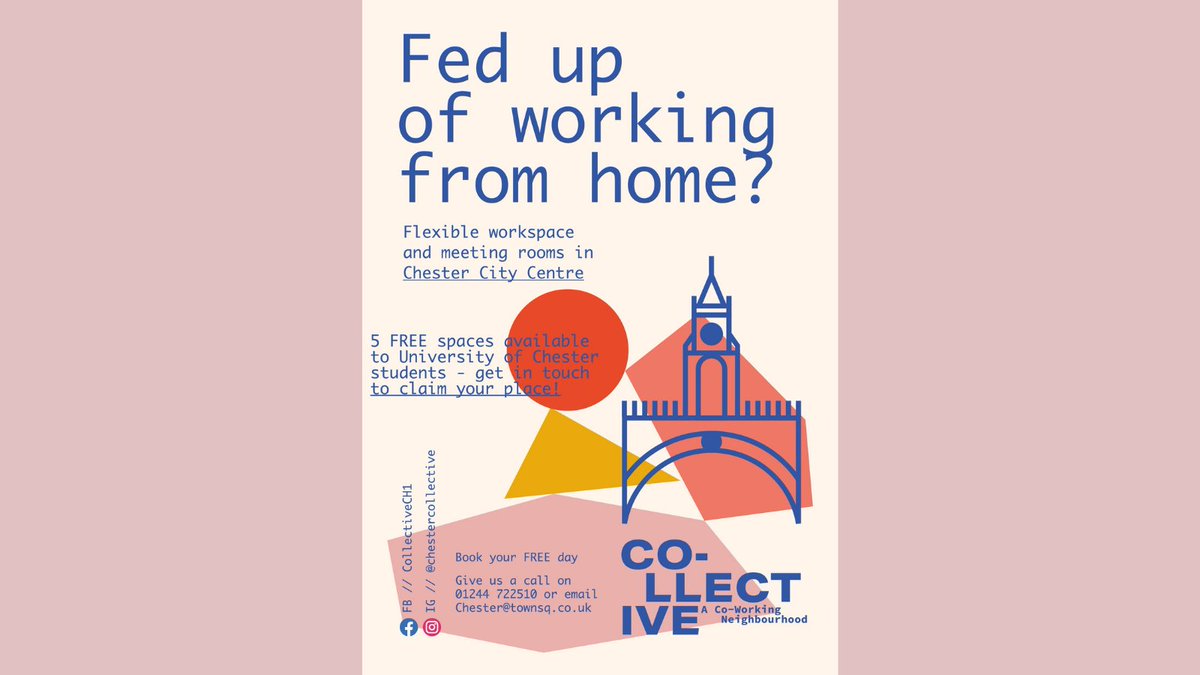 University of Chester Careers (@chestercareers) on Twitter photo The lovely people <a href="/TownSq/">TownSq</a> & <a href="/CollectiveCH1/">Chester Co-llective Coworking</a> have offered 5 *FREE* coworking spaces to <a href="/uochester/">University of Chester</a> students - get in touch to claim your place! Located <a href="/ForumShopping1/">Forum Shopping</a>, the space offers entrepreneurs a place to work, meet & access to free business support!
E: Chester@townsq.co.uk The lovely people <a href="/TownSq/">TownSq</a> & <a href="/CollectiveCH1/">Chester Co-llective Coworking</a> have offered 5 *FREE* coworking spaces to <a href="/uochester/">University of Chester</a> students - get in touch to claim your place! Located <a href="/ForumShopping1/">Forum Shopping</a>, the space offers entrepreneurs a place to work, meet & access to free business support!
E: Chester@townsq.co.uk