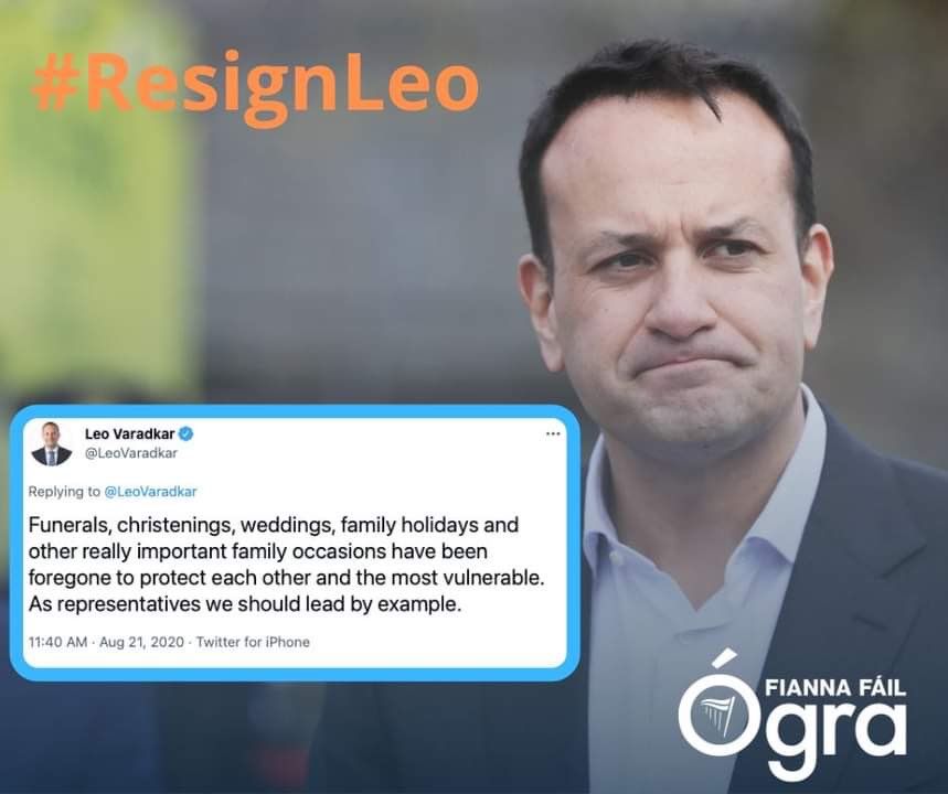 OgraFiannaFail's tweet photo. ‼️ The Tánaiste and Minister for Enterprise, Trade and Employment, Leo Varadkar must resign‼️

The Tánaiste is right. Representatives should lead by example. But why is such a gross double standard allowed in cases where Mr. Varadkar has a personal interest? 

#ResignLeo https://t.co/sawp2cBeos