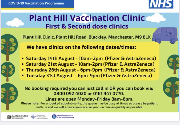 Trying to plan getting your vaccine around work, school holidays and generally busy everyday life? Why not call into one of our weekend or evening clinics? No appointment necessary, both Pfizer & AstraZeneca vaccines available! @xxLozTSxx @ManchesterHCC @ajaykarigiri @sobkash