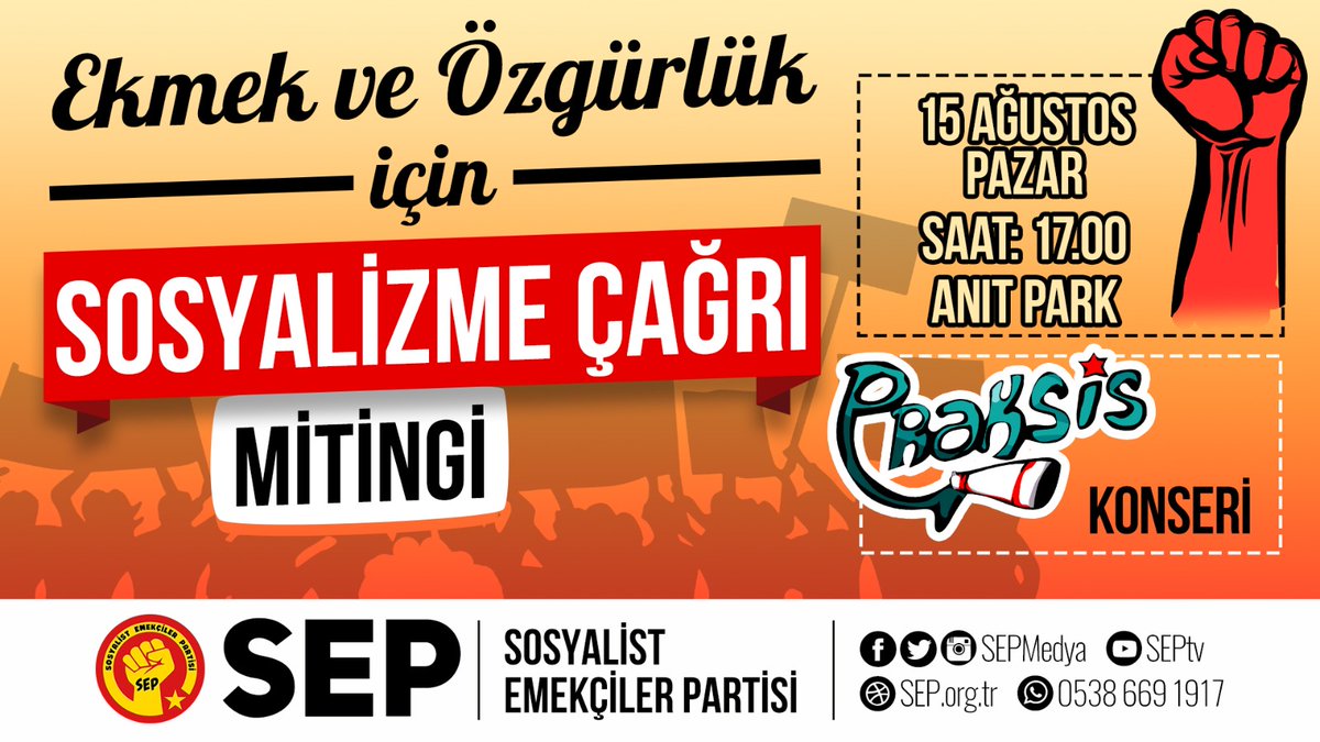 DSL_Medya's tweet photo. 15 AĞUSTOS PAZAR
SAAT 17.00
YER: ANITPARK
Ekmek ve Özgürlük için Sosyalizme Çağrı mitingindeyiz📣📣📣
DSL flamalarımızla ekmek ve özgürlük taleplerimizle,Sosyalizm şiarimızla meydandayız.
Omuz omuza mücadeleye📣 https://t.co/Kgkzv5nTOR