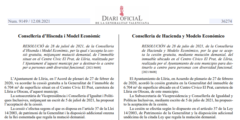 El Consell acepta la cesión gratuita de un inmueble en el centro El Prat de #Llíria para destinarlo a personas con diversidad funcional 👨‍🦽👩‍🦯

✔ El edificio quedará adscrito a @GVAinclusio

📃 bit.ly/3jU9YSK