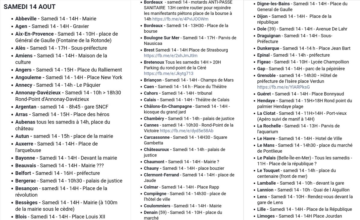 AnonymeCitoyen's tweet image. 🔴 Liste (non exhaustive) des manifestations attendues ce samedi dans toute la France contre le #PassSanitaire. Les manifestations n'ont fait que prendre de l'ampleur depuis les annonces d'Emmanuel Macron il y a un mois.

#manif14aout #manifs14août #PassDeLaHonte #PasseSanitaire