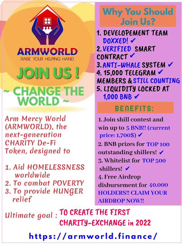ArmMercy's tweet photo. ARMWORLD Token, which stands for Arm Mercy World is the Utility Token which innovative global projects designed to provide shelter; HOMELESS CHARITY https://t.co/F5pqtrh8ZN

Join our Official telegram group: https://t.co/U0cpRdbkWr

We are running a contest now for top Shillers https://t.co/EUlPoDWyW2