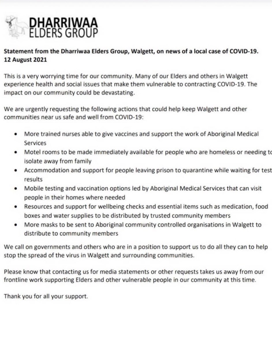 Our rural communities are scared & with good cause. Please read the letter from DHARRIWAA Elders group. Walgett have limited resources. If Covid spreads there will be little available space for people to isolate! This is an epic fail from Government.
#covidnsw #blackfullatwitter