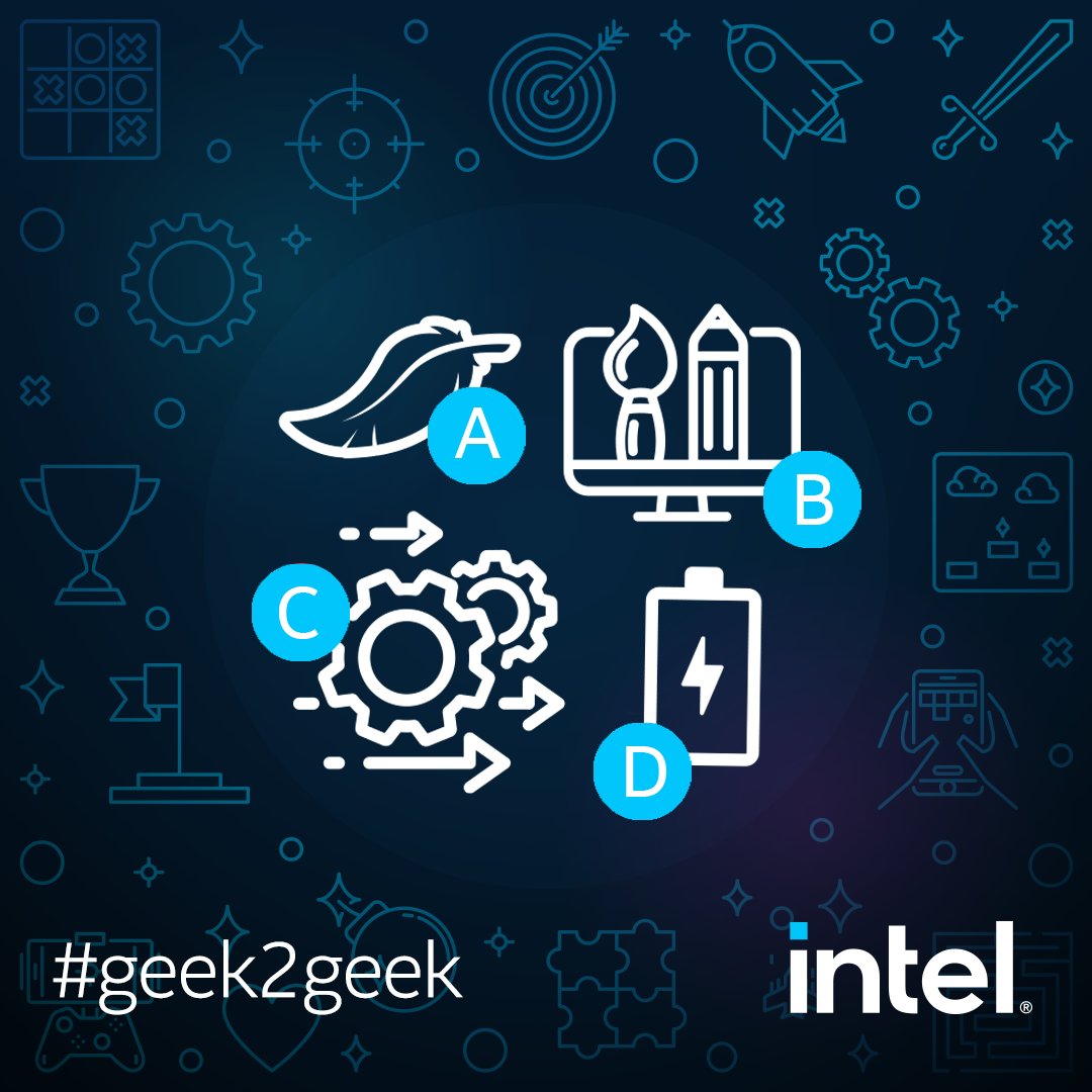 IntelFrance's tweet image. Au moment de choisir un nouveau PC portable, qu'est-ce qui compte le plus pour vous ? 

A - Sa légèreté
B - Son design
C - Ses performances
D - Son autonomie

#JeudiConfession #Intel #IntelPC #11thGen #IntelCore #PCPortable intel.ly/3rAn2Qm