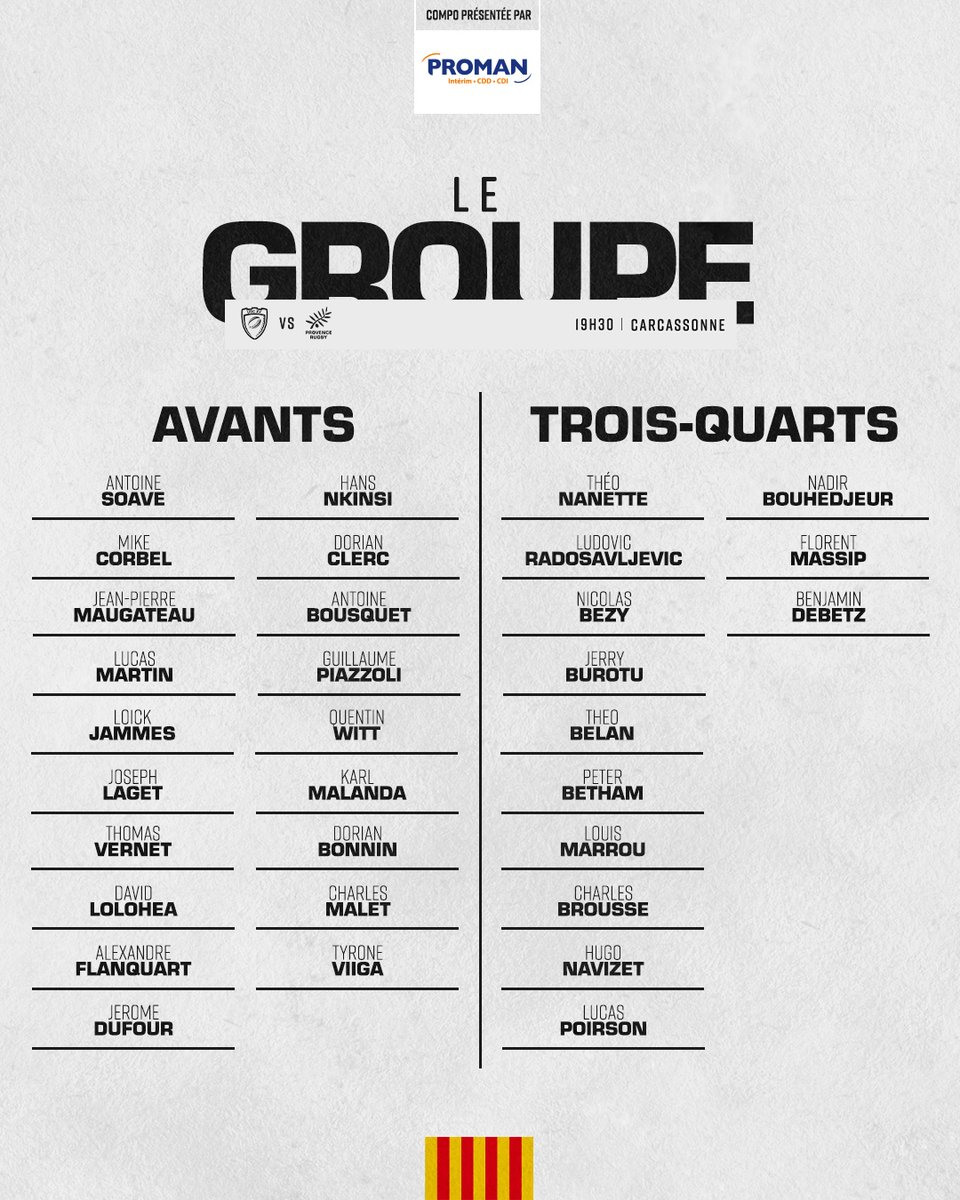 🔴 𝗟𝗘 𝗚𝗥𝗢𝗨𝗣𝗘 | 32 joueurs prennent la route pour Carcassonne.

🔝 Première apparition pour Alexandre 𝗙𝗹𝗮𝗻𝗾𝘂𝗮𝗿𝘁, Quentin 𝗪𝗶𝘁𝘁 et Peter 𝗕𝗲𝘁𝗵𝗮𝗺.