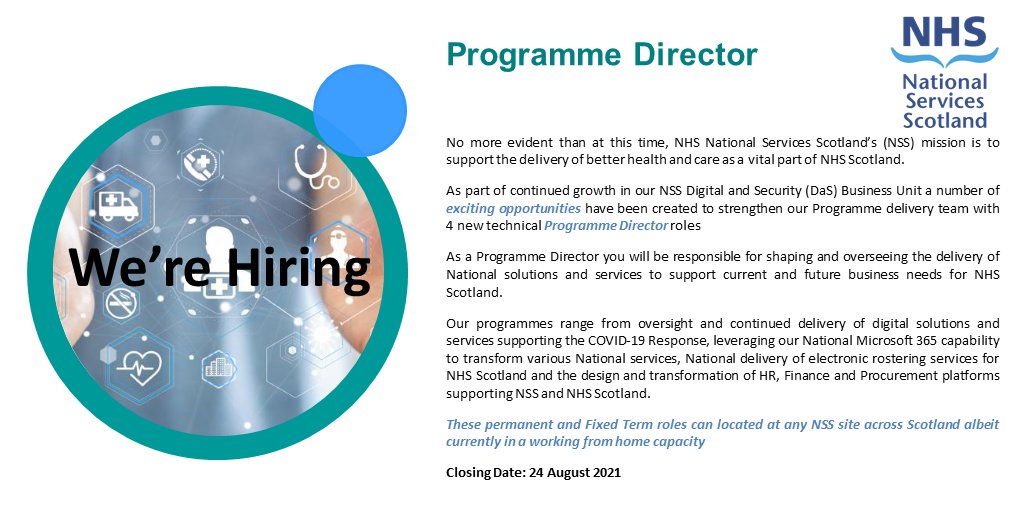 NHSNSS_DaS's tweet photo. An exciting opportunity for 4⃣ #ProgrammeDirectors; A critical role in ensuring integrated Business Technology strategy and delivery of suitable and effective solutions and services. 

Each programme has a different application link which have been provided below 👇

#NHSJobs https://t.co/RHSAgohuPs