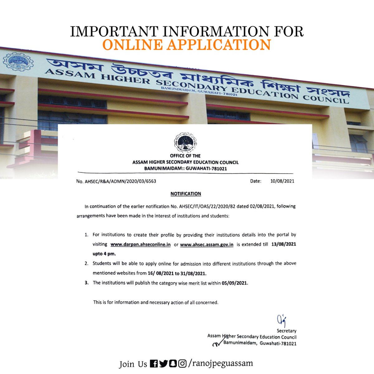 ranojpeguassam's tweet photo. The AHSEC has issued an important notification for online application for admission into educational institutions of the State. https://t.co/ByVty9LCXg