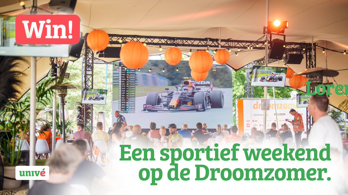 WIN | F1-liefhebbers, opgelet! Wil jij samen met drie vrienden de GP van Zandvoort op een groot scherm beleven? 🏎

Samen met <a href="/Supportervs/">Supporter van Sport</a> geven we een sportief weekend (3-5 sept) op de <a href="/Droomzomer/">De Droomzomer</a> weg 🥳

Ga nu naar helden.media/win-unive en doe mee! Deelnemen kan t/m 22 aug.