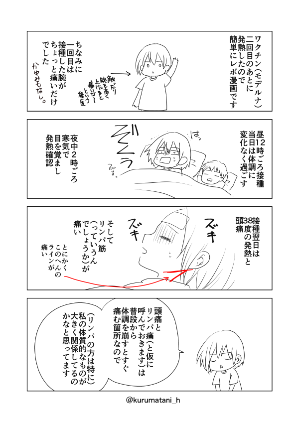 ワクチン(モデルナ)2回目接種時に副反応で発熱したので、どんなかんじだったか簡単レポ漫画です。 