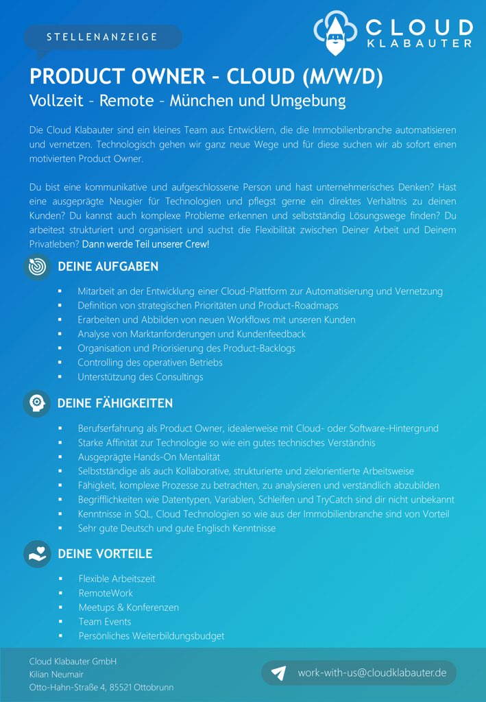 Wir suchen Verstärkung für unsere Crew! 

#jobs #stellenangebot #stellenanzeige #cloud #productowner #münchen #klabauter #cloudklabauter