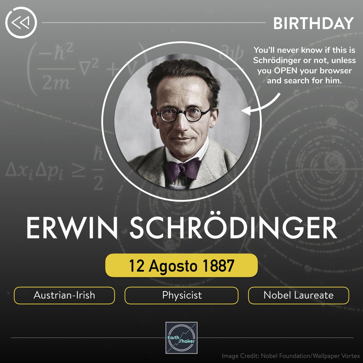 earthshakerph's tweet photo. #AstroOTD Maligayang Kaarawan (o hindi), Erwin Schrödinger!🎂
Ngayong araw ay ipinagdiriwang natin ang ika-134 kaarawan ni Erwin Schrödinger (1887-1961), kilala sa kanyang mga pag-aaral sa "quantum theory" (Schrödinger equation) na nagpapanalo sa kanya ng Nobel Prize noong 1933. https://t.co/JVH5iNGgXy
