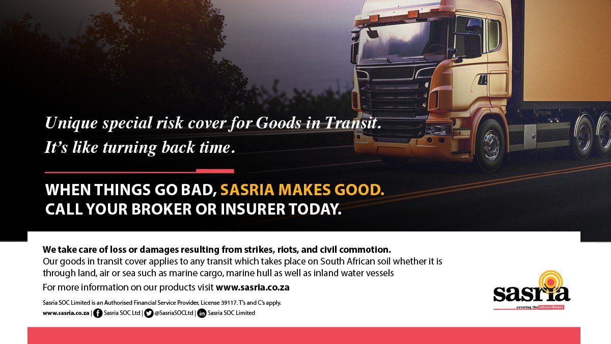 SasriaSOCLtd's tweet photo. Sasria's Goods in transit covers all goods in transit only on South African soil, whether it is through the land, air or sea such as marine cargo, marine hull, and inland water vessels. https://t.co/W0LX3owqyX