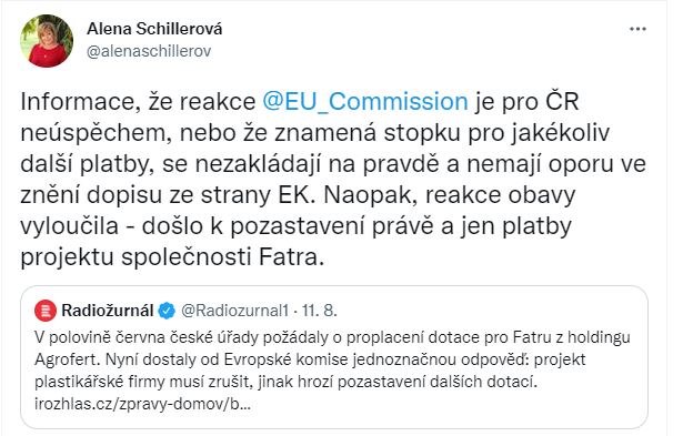 EDIT: Abych citovala náměstka MZV Smolka, který bude Česko u soudu EU zastupovat👇

„Žaloba proti aktu, kterým dochází k přerušení platební lhůty, nemůže reálně dosáhnout sledovaného účelu.“

Viz analýza pro MF➡️irozhl.as/e6I

Dopis EK k Fatře➡️irozhl.as/eIx