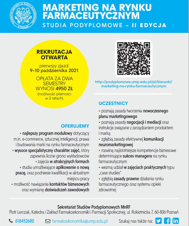 Jeśli ktoś będąc na wakacjach lub niestety już po ma ochotę poszerzyć swoje kompetencje zawodowe... to serdecznie zapraszam na studia podyplomowe II edycja "Marketing na rynku farmaceutycznym"... myślę że warto w siebie zainwestować!!!

podyplomowe.ump.edu.pl/pl/kierunki/ma…