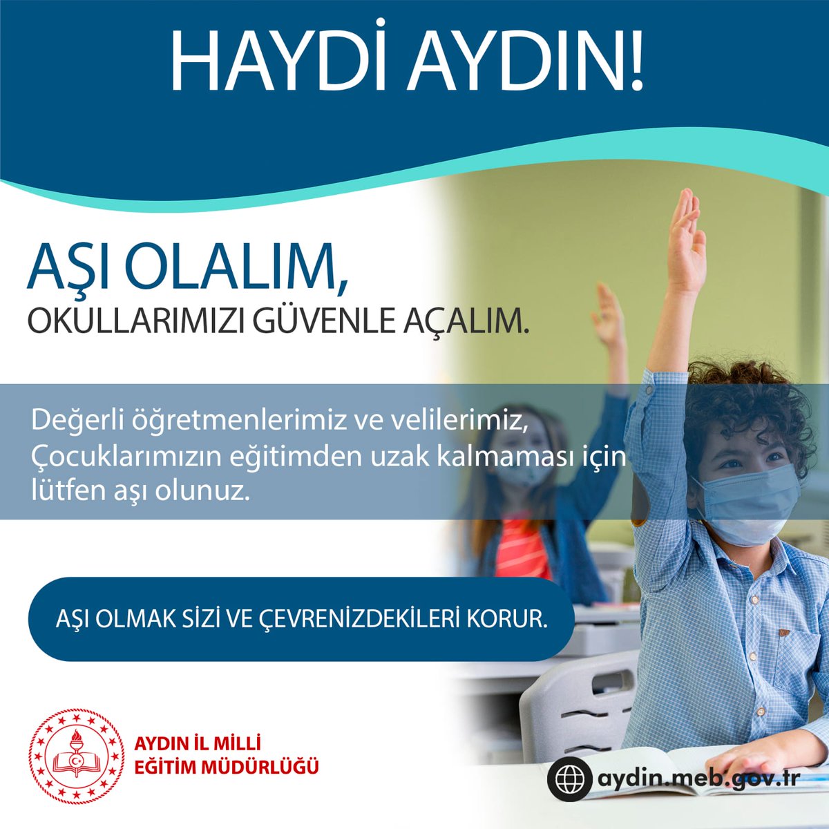 Okullarımız, öğrencilerimiz ve öğretmenlerimizle birlikte güzel. Birbirimizi koruyarak okullarımızın kapılarını tekrar açabilmek için toplumun her kesimini aşı olmaya davet ediyoruz.
<a href="/seyfullah0966/">Seyfullah OKUMUŞ</a> <a href="/tcmeb/">Millî Eğitim Bakanlığı</a> <a href="/drfahrettinkoca/">Dr. Fahrettin Koca</a> <a href="/ValiAKSOY/">Hüseyin AKSOY</a>