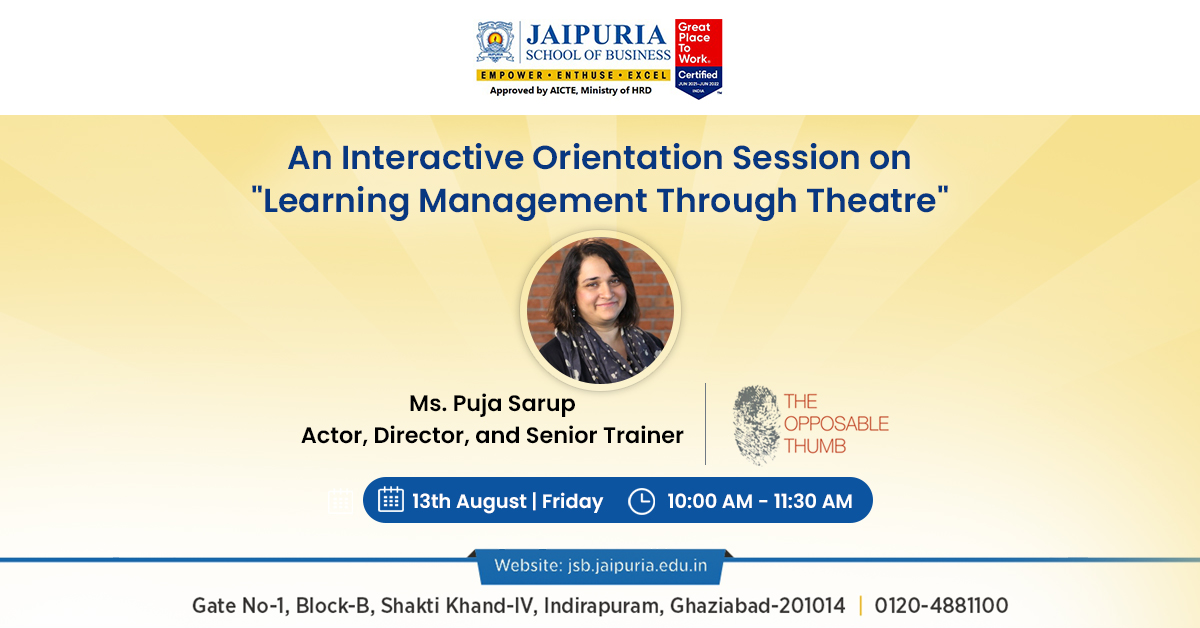 JSBGhaziabad's tweet photo. What can be a better way to learn than through theatre?
As a part of orientation programme "Prarmabh" @JSBGhaziabad is organising an interactive session on "Learning Management Through Theatre" by @pujasarup, Actor, Director, and Senior Trainer - @_opposabletumb.

#JSBGhaziabad https://t.co/yyHkpy6aIV