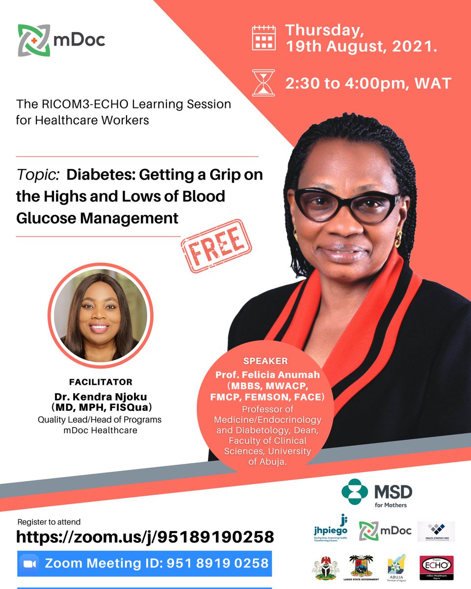 _mdoc's tweet photo. Join us on our Tele-ECHO Session for healthcare workers with Professor Felicia Anumah as she takes us through how to prevent the recurrent highs and lows of blood glucose management.
Register to attend: https://t.co/OfiFbZXvdb
#mDocHealthcare #ECHOsession #DiabetesAwareness https://t.co/cctWqU2yXE